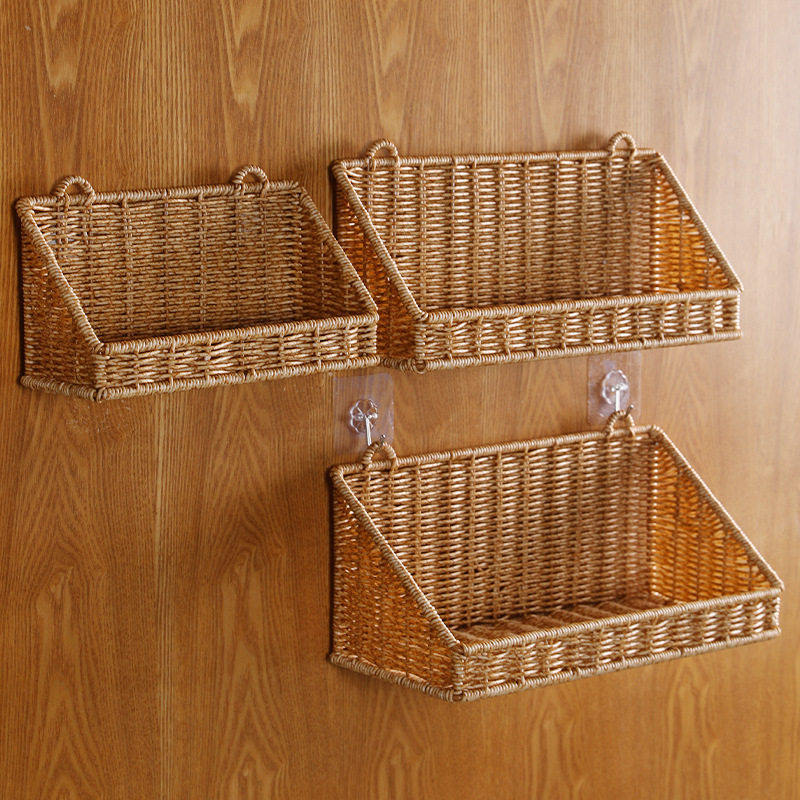 Cross-Border Hot-Selling Imitation Rattan Woven Bathroom Single-Layer Storage Rack Kitchen Storage Seasoning Bottle Ginger Garlic Wall-Mounted No Drilling Required