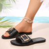 Cross-Border Women's Shoes Wholesale New Fashion Slippers Classic Temperament Versatile Solid Color Metal Decoration Round Toe Flat Sandals