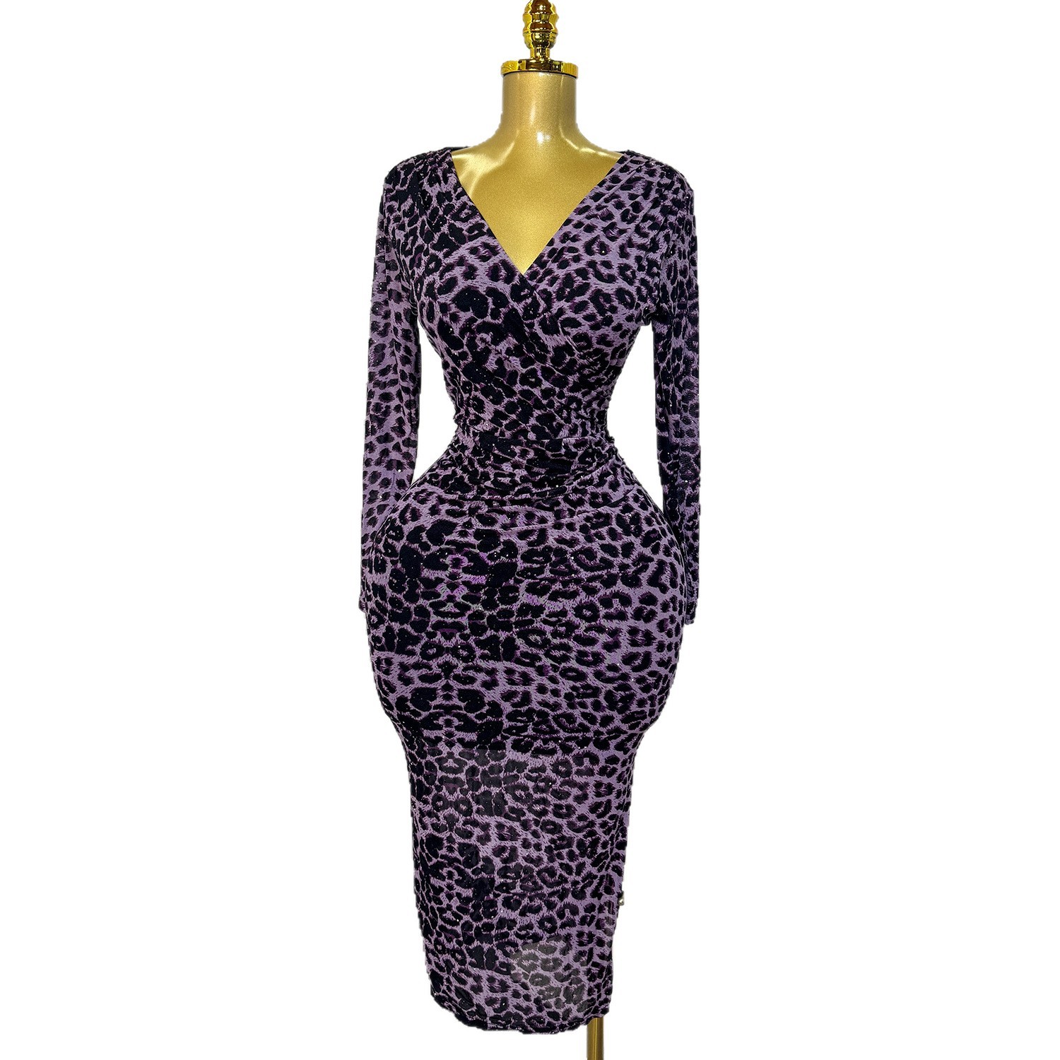 Elegant Leopard Print Bodycon Maxi Dress Cross V Neck Rhinestone Detail High Slit Perfect for Parties and Events