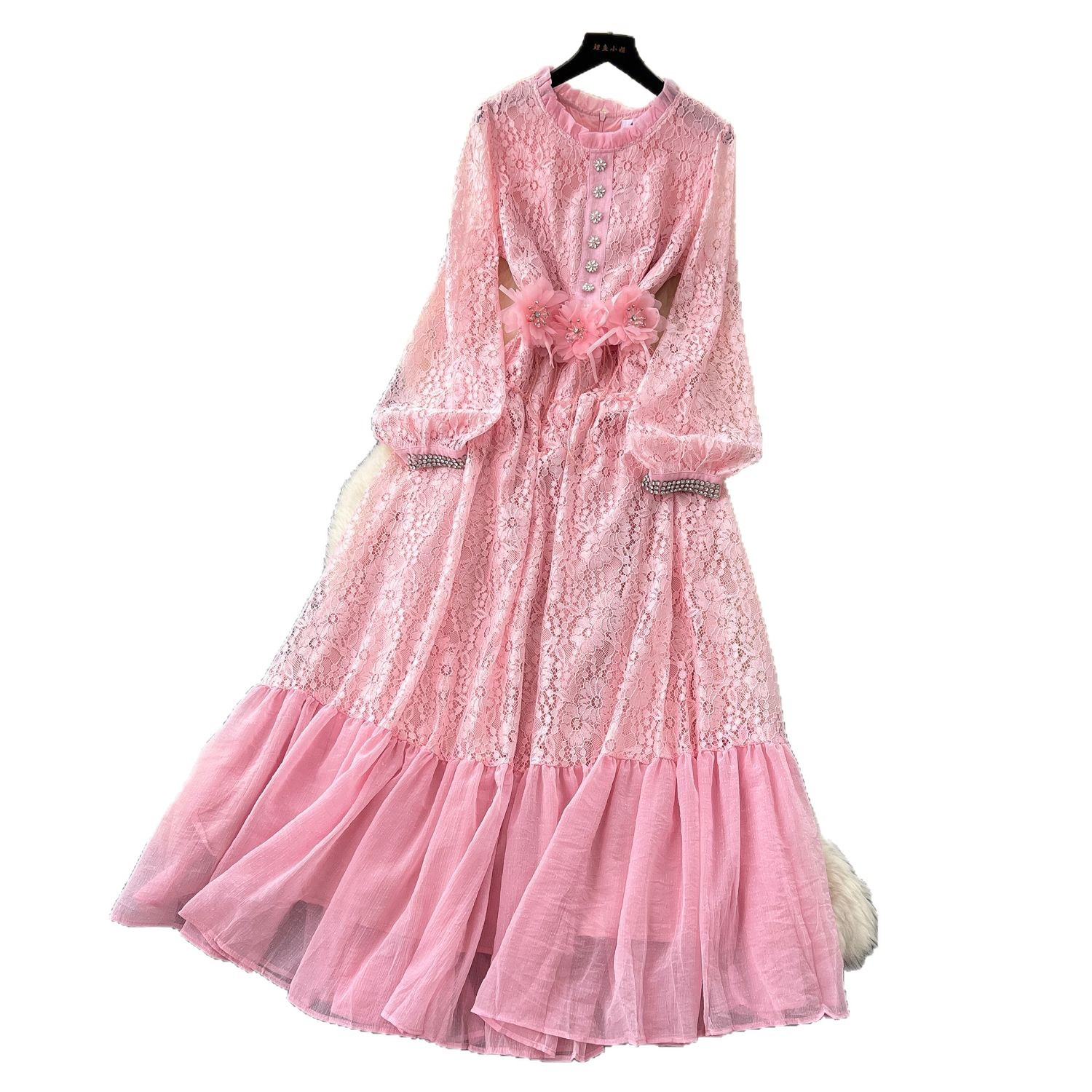 Elegant Summer Long Dress for Women Puff Sleeve Lace Rhinestone Detailing Sheer Fabric Perfect for Parties and