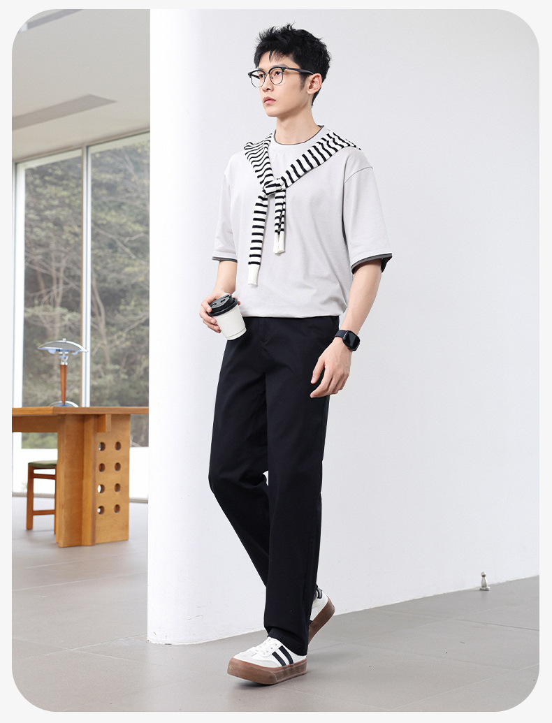 Quần dài nam ống đứng co giãn, lưng vừa, vải cotton Lyocell thoáng mát — màu đen, Màu trắng, màu xám, Màu kaki