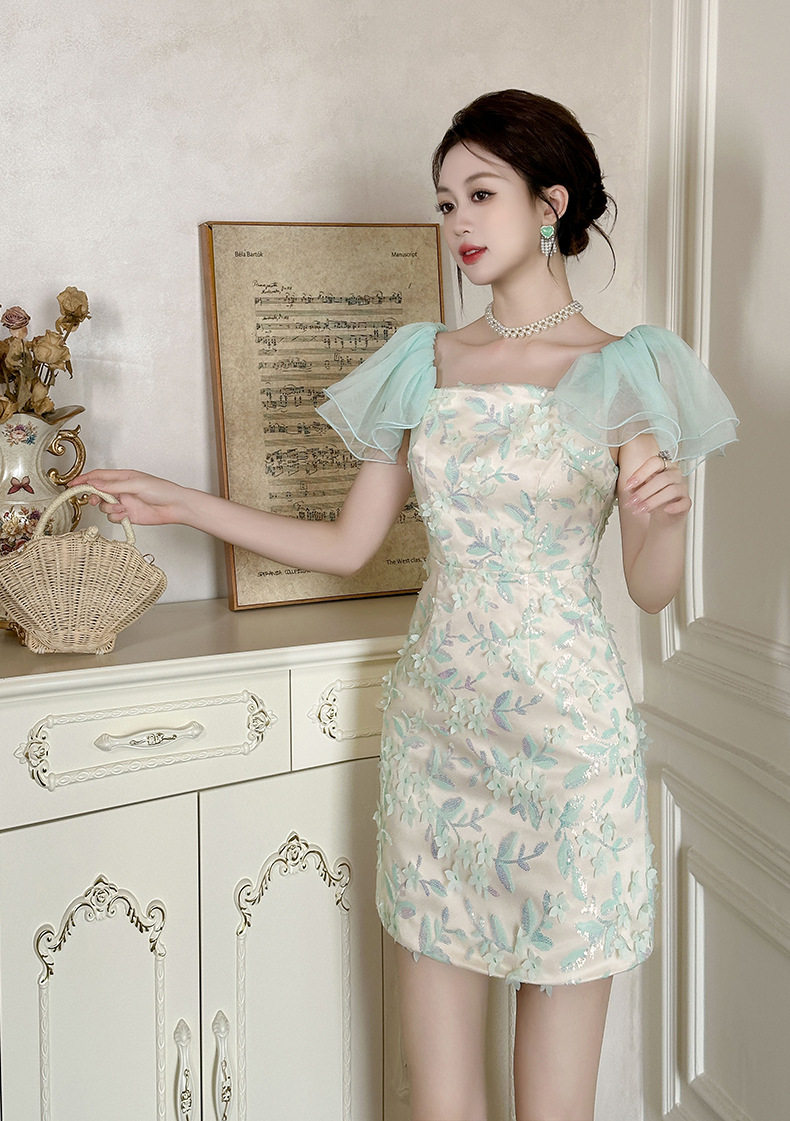 Đầm midi suông tay bồng cổ vuông phong cách Pháp cho nữ teen — [Xanh lá] chi tiết 5