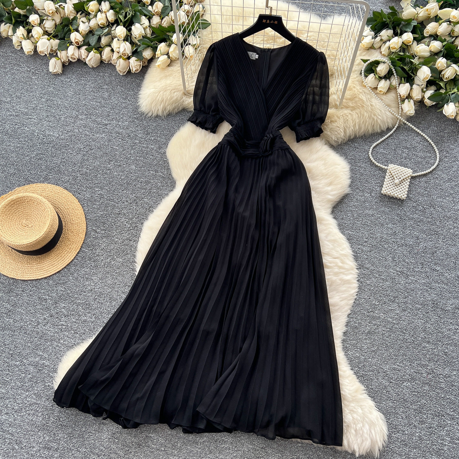 French Elegant V Neck Puff Sleeve Floral Waist Defined Pleated Maxi Dress for Women Summer Slim Fit Wholesale Available