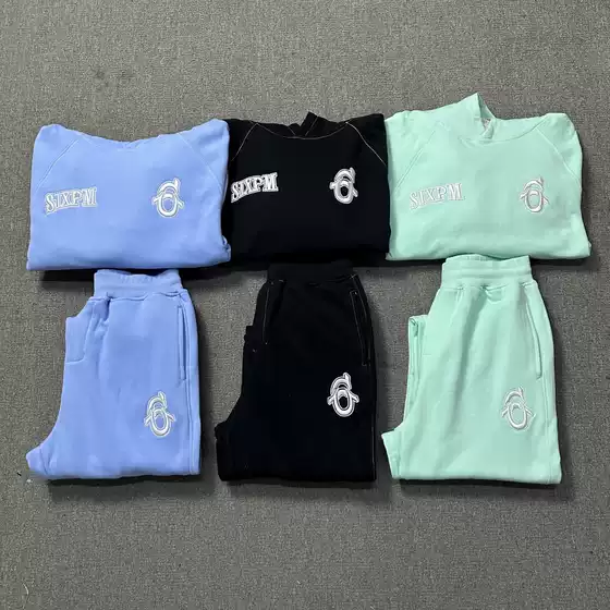 2025 New Sweatshirt 6Pm Chest Embroidered Letter Terry Hooded Sweatshirt European and American Trendy Unisex Long Pants Set