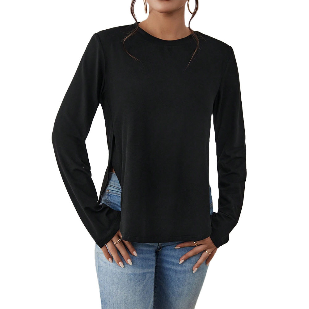 Womens Casual Loose Fit Long Sleeve T Shirt Round Neck Side Slit Versatile Style Autumn Winter Collection