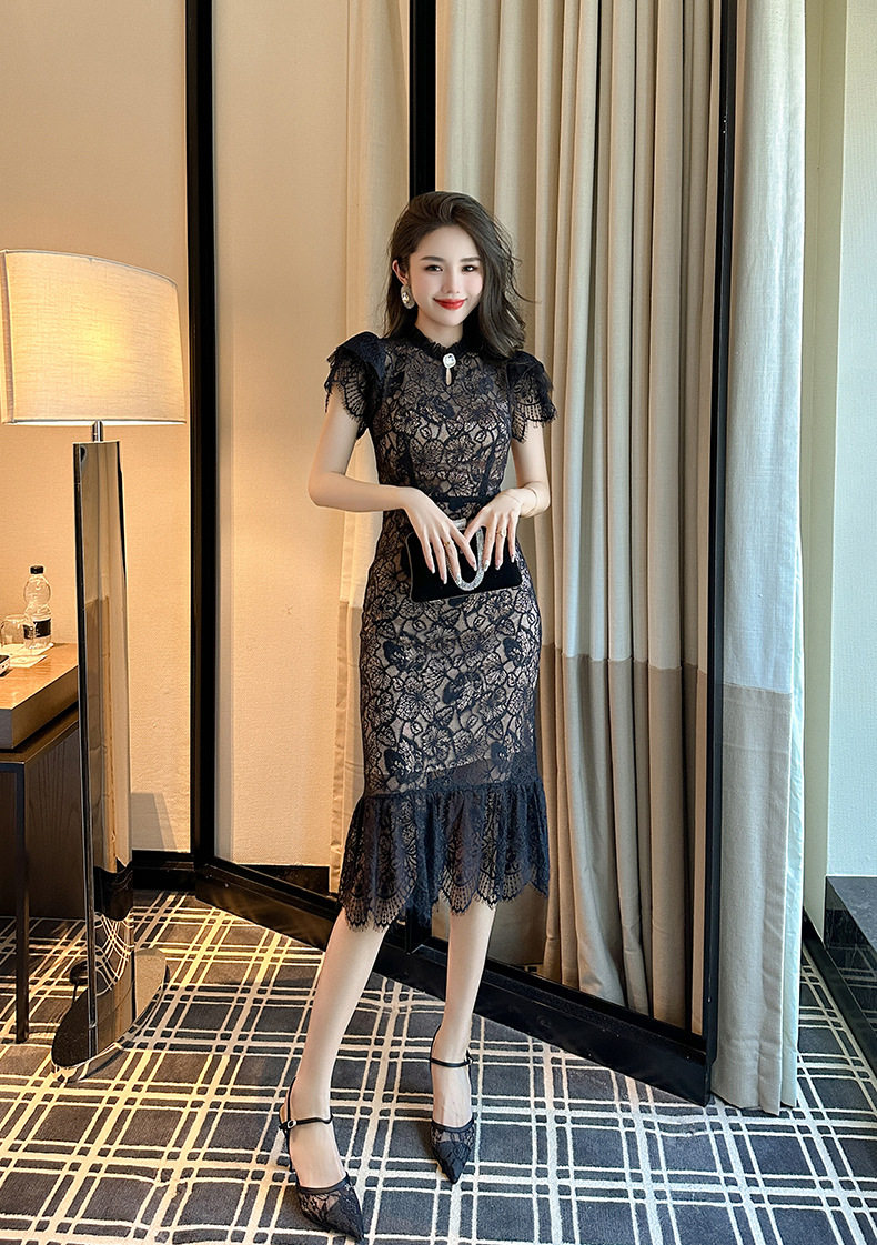 Đầm ôm body nữ ren xuyên thấu kiểu sườn xám Trung Hoa tay ngắn — [Đen Champagne] chi tiết 18