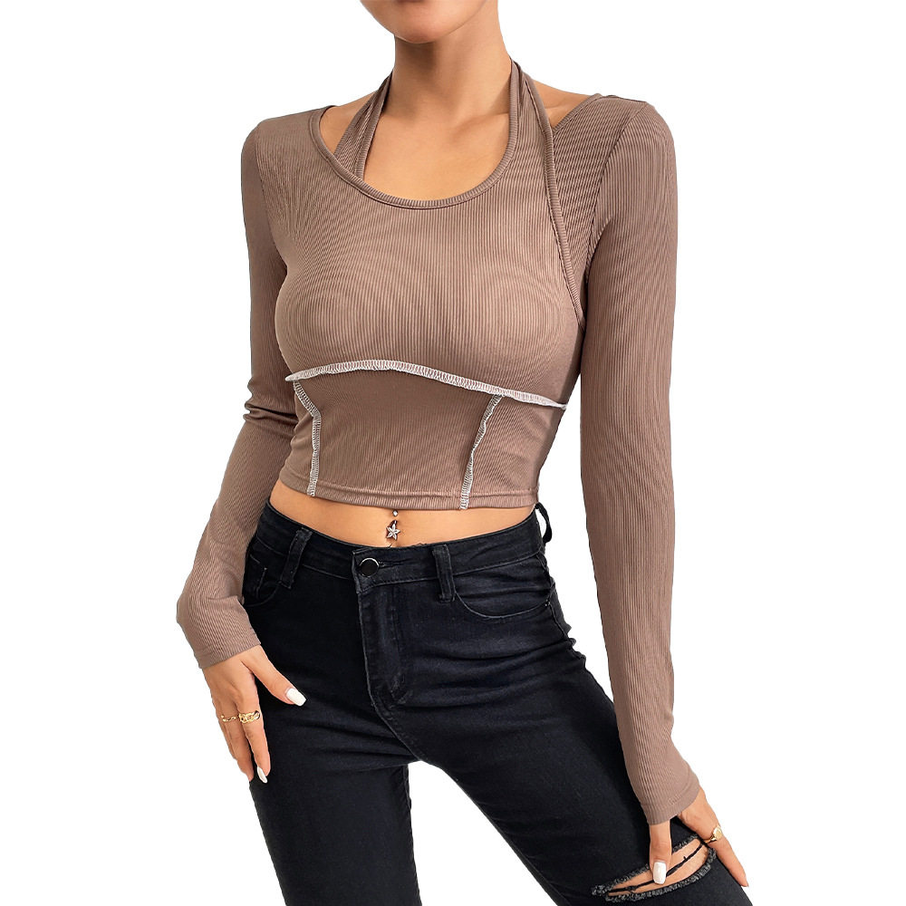 Womens Fitted Knit Long Sleeve T Shirt Exposed Stitching Halter Neck Stylish Design Autumn Winter Fashion Top