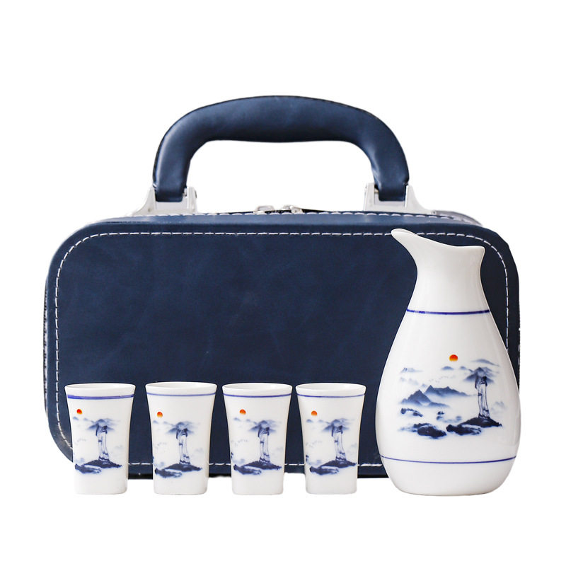 Blue and White Porcelain Wine Ware suit Leather Box Ceramic Wine Jug Gift Box Packaging Wine Glass Wine Dispencer Hot Wine Warming Warmer Gift