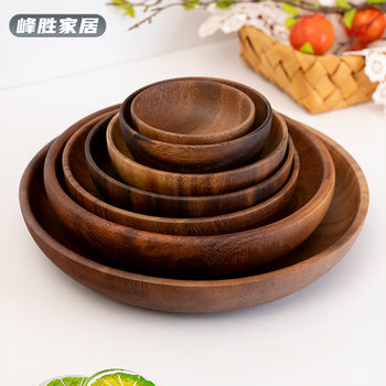 Acacia Wood fruit plate round dish stick dish sauce tray fruit solid wood hotel wooden fruit plate snack plate factory wholesale