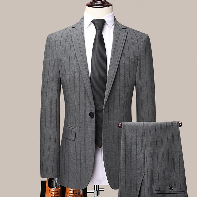 Bộ Vest Nam Kẻ Sọc Dáng Ôm Phong Cách Hàn Quốc Thanh Lịch Màu Xám