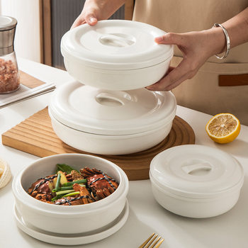 Stew Bowl with Water Ceramic Steamed Egg Bowl with Lid Plate Fresh-keeping Bowl Soup Plate Steamed Meat Special Bowl Rice Bowl Household Oven