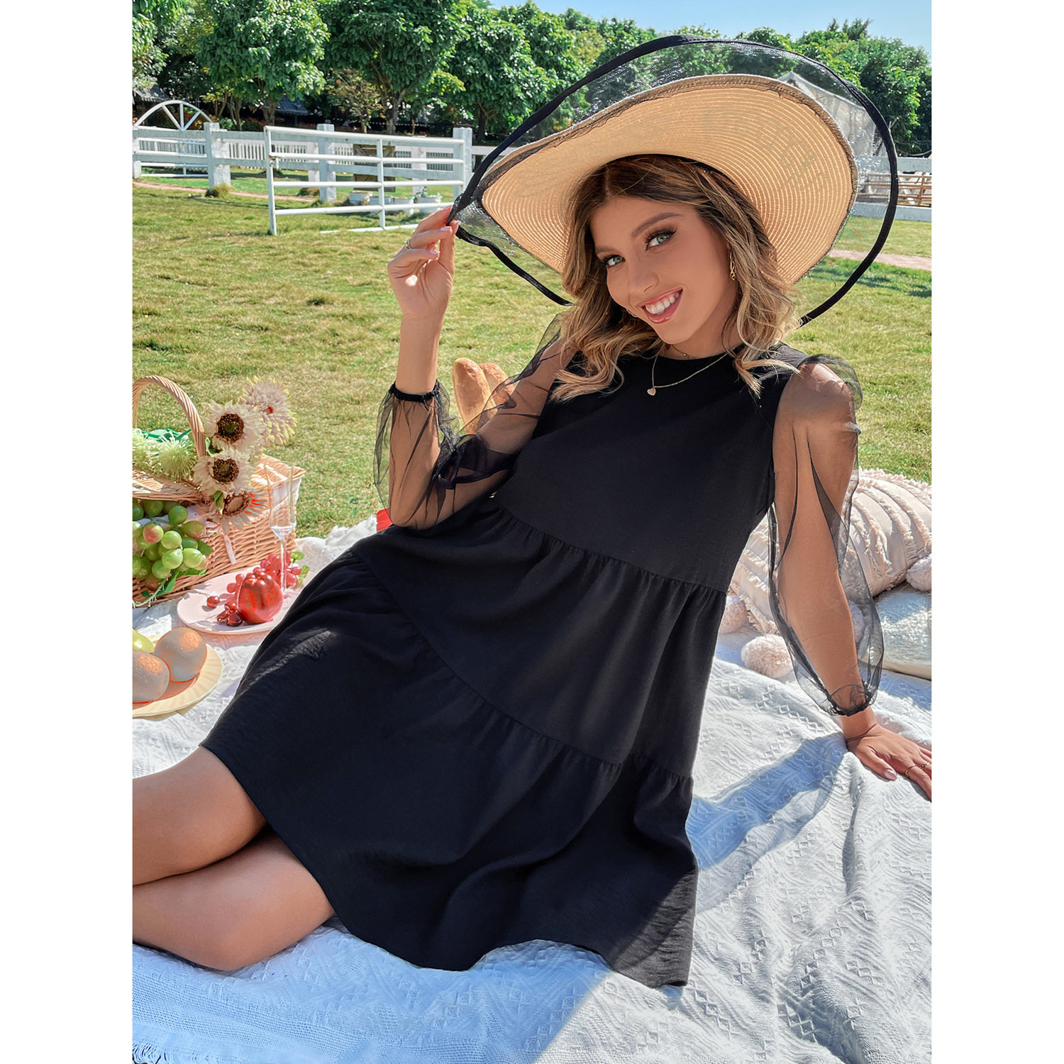 Elegant Hollow Out Long Sleeve Dress Color Block Design Round Neck Trendy Style Perfect for Parties and Events