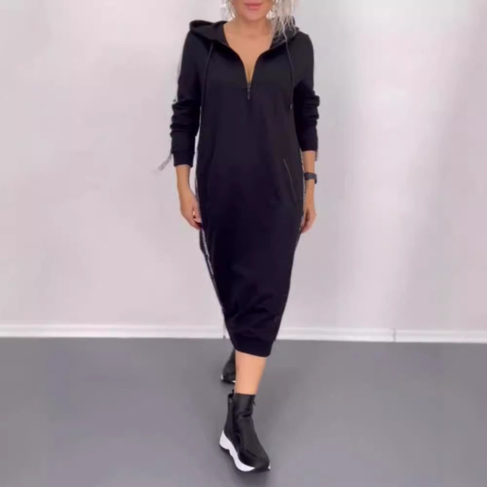Hooded Long Sleeve Dress Letter Print Split Design Trendy Style Autumn Winter Fashion for Women Wholesale Available