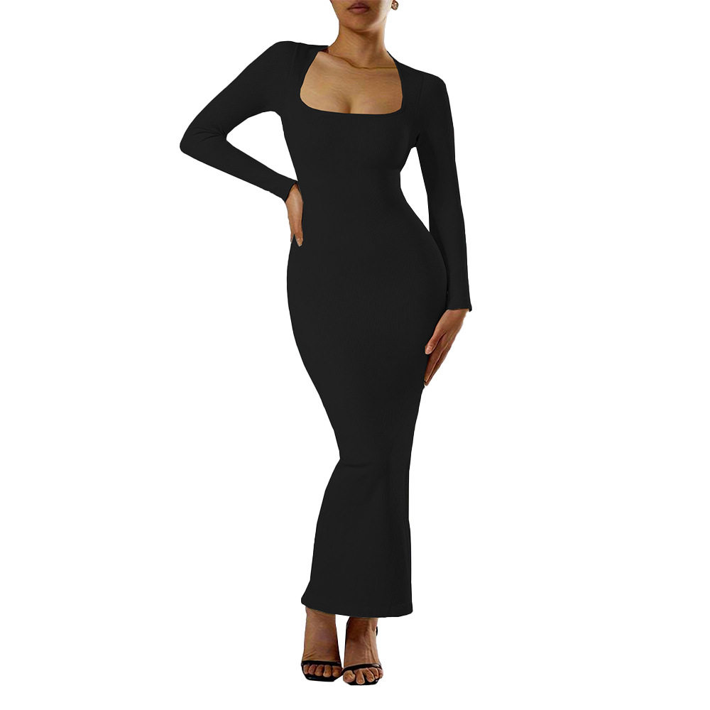 Elegant Bodycon Midi Dress Square Neck Long Sleeve Ankle Length Slim Fit Autumn Winter Fashion Wholesale Available