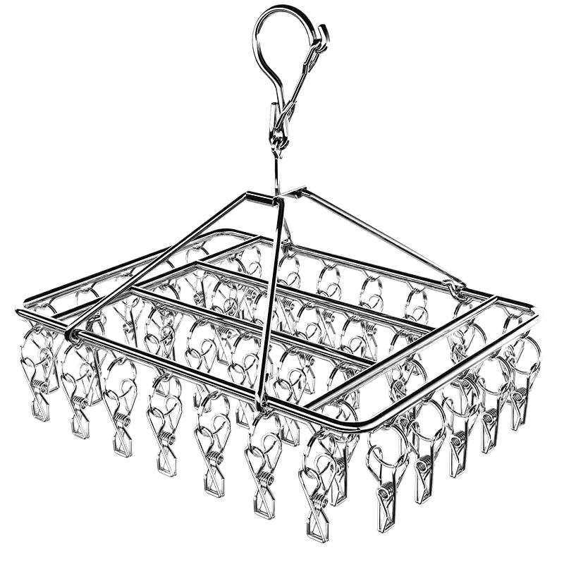 Stainless Steel Clothes Hanger with Multiple Clips, Windproof Sock Clips, Dormitory Sock Drying Tool, Balcony Clothes Drying Rack with Multifunctional Hooks