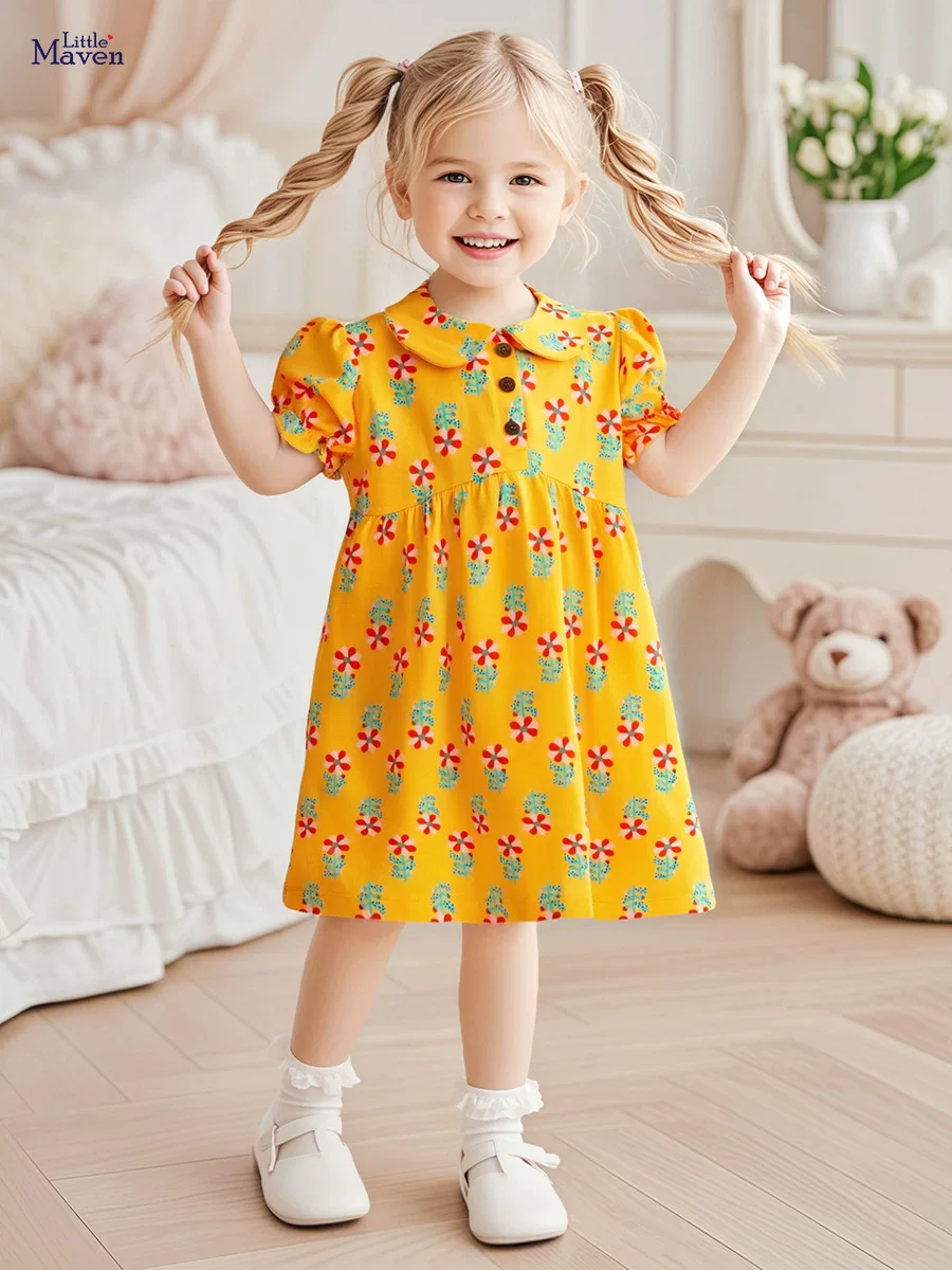 Girls' Princess Dress, Summer Cotton Open-front Peter Pan Collar Girls' Skirt, Kids' Short-sleeve Dress