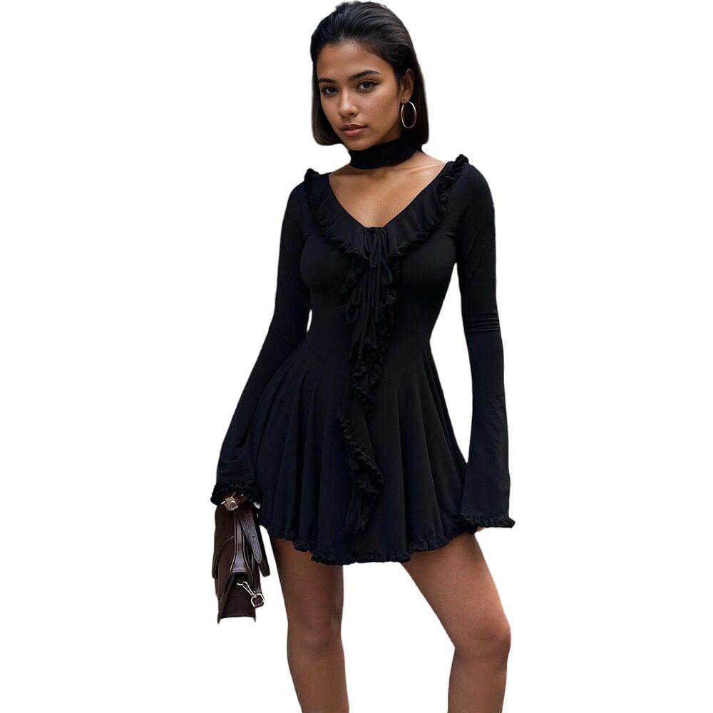 Chiffon A Line Dress Long Sleeve V Neck Ruffle Trim Slim Fit Fashionable for Parties or Casual Events Wholesale