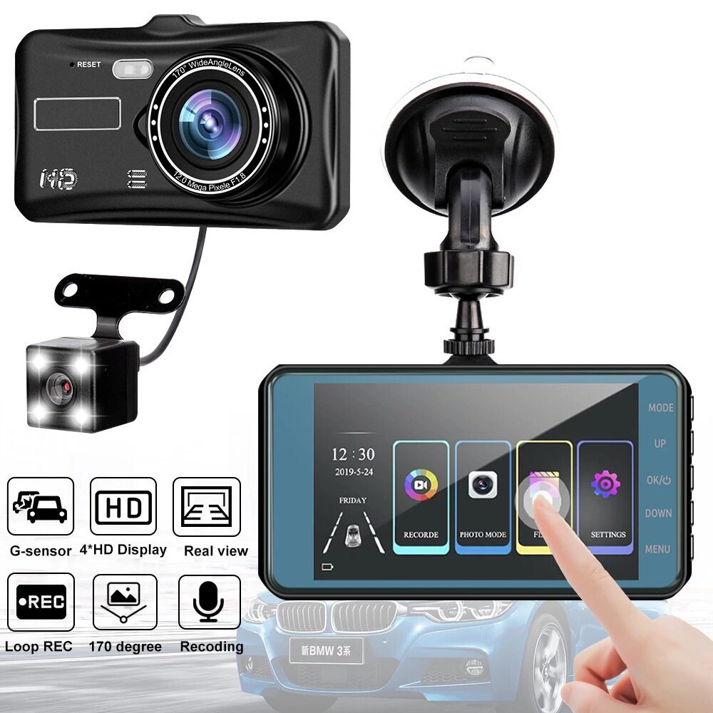 Touch Screen 4inch Driving Recorder Hd Dual Lens 1080P Front and Rear Video Car with Reversing Image