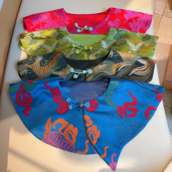 Vintage Button Shawl with Cloud Shoulders, Heavy Satin Jacquard Chinese-Style Outerwear with Faux Collar and Embroidery Decoration, National Style