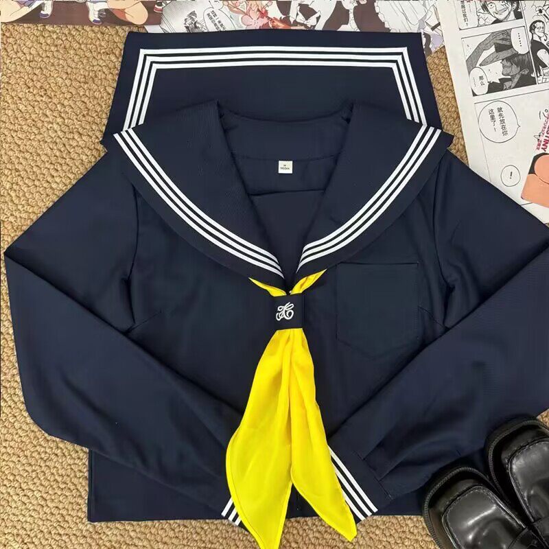 紺スリーピース長袖+黄色の三角スカーフ+バックル