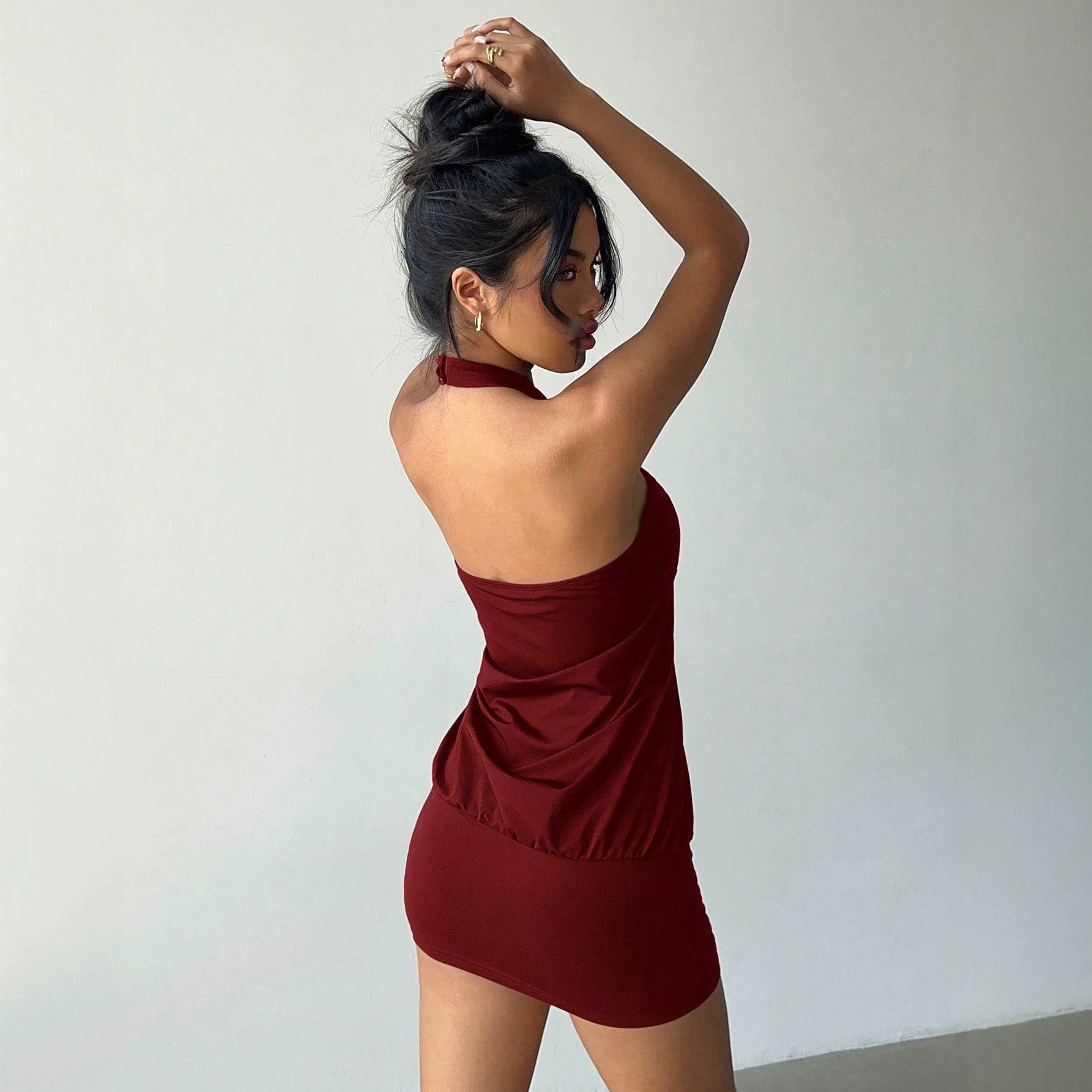 Halter Neck Bodycon Dress for Women Metal Ring Detail Backless Slim Fit Short Length Perfect for Parties and Events