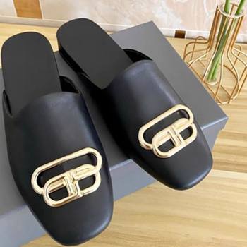 2025 Summer New Style Baotou Flat Half Slippers Women's Metal Thick Bottom Round Head Leather Muller Lazy Women's Shoes