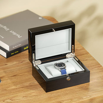 High-End Watch Packaging Box Wooden Box Flip Paint Box Jewelry Box Black Round Lock Watch Box Factory Customization