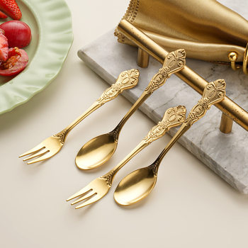 Retro Dessert Fork and Spoon Embossed Stainless Steel Western Food Tableware Royal Spoon Fork High-End Fruit Fork Coffee Spoon
