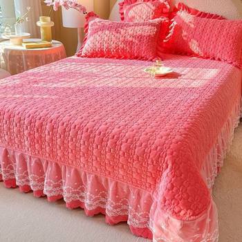 Korean Style Thickeneded Quilted Milk Velvet Bed Cover Three-Piece Set Double-Sided Velvet Quilt Cover Lace Bedspread Coral Velvet Bedding