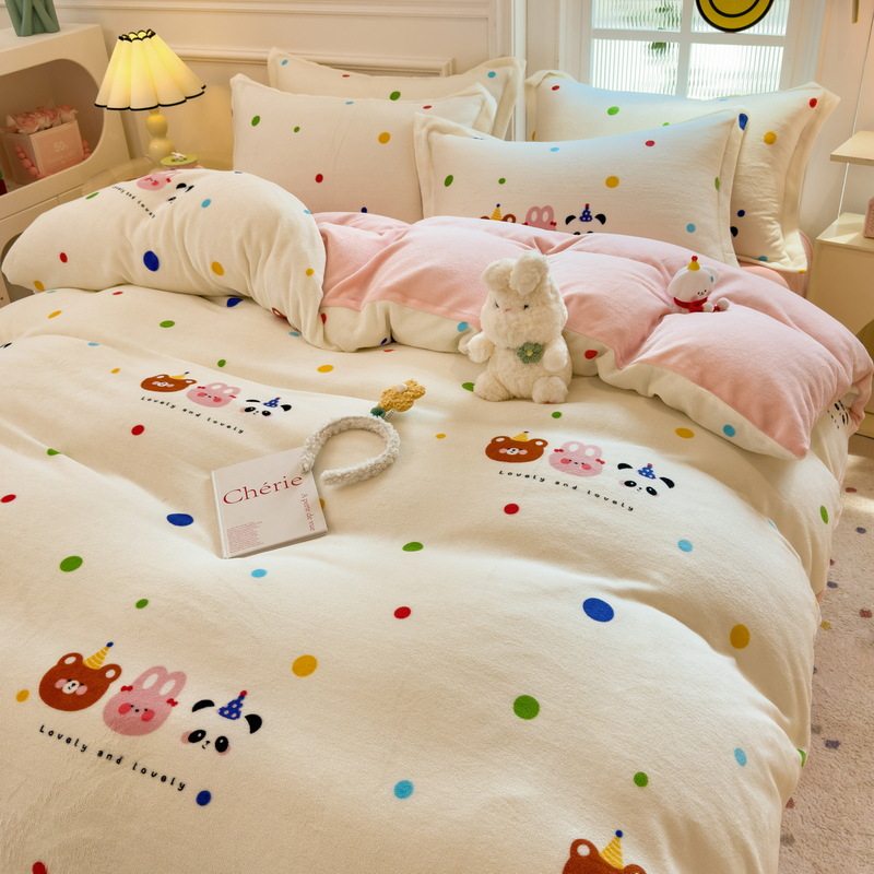Winter thickened milk velvet four-piece set double-sided warm coral velvet three-piece set flannel single quilt cover fitted sheet wholesale