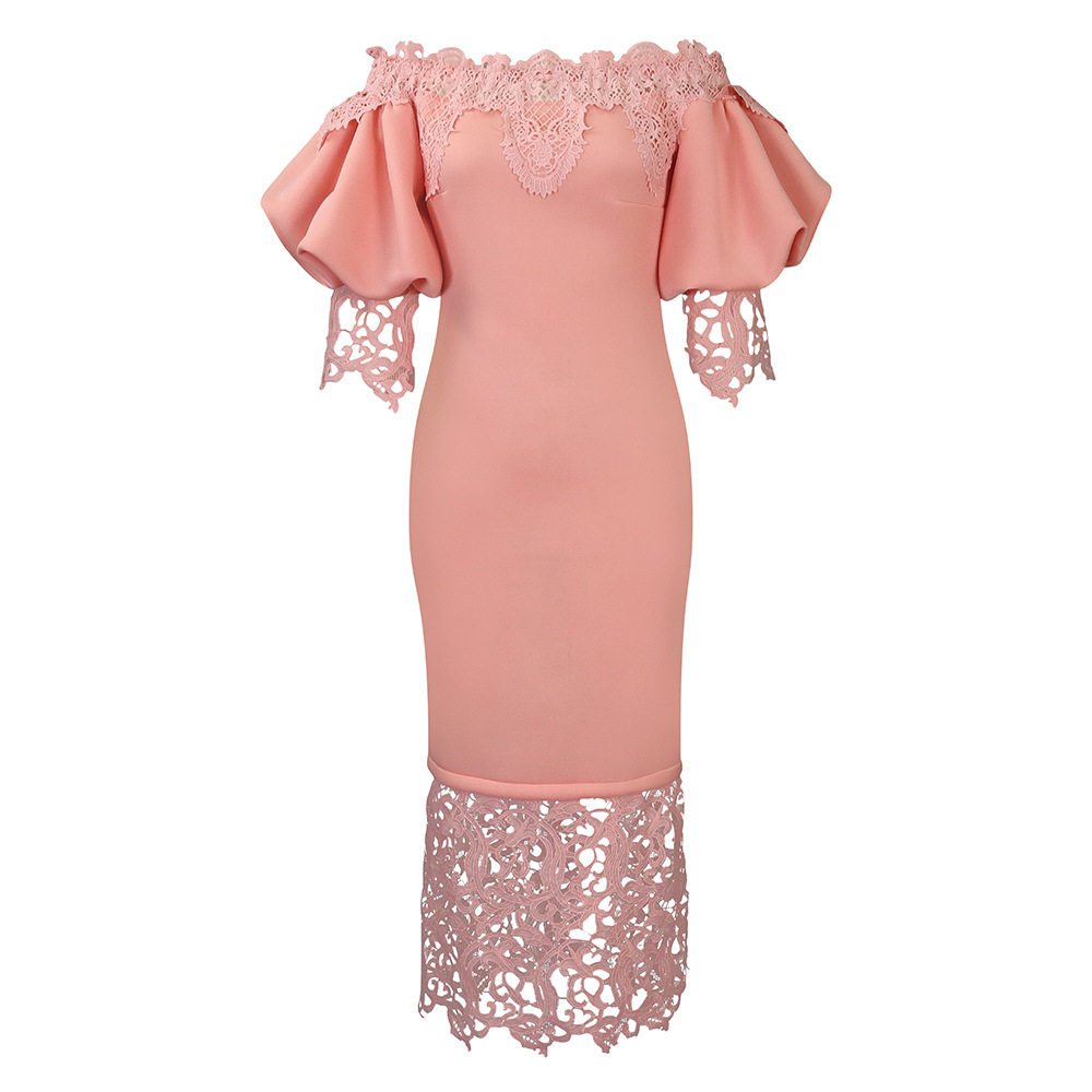 Off Shoulder Lace Trimmed Evening Dress Lantern Sleeves Elegant Design Perfect for Parties Wholesale Availability