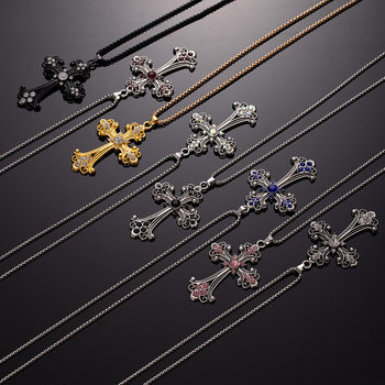 European and American Cross-Border Jewelry Cut Out Flower Necklace Colored Diamond Cross Pendant Necklace Simple Retro Versatile Sweater Chain