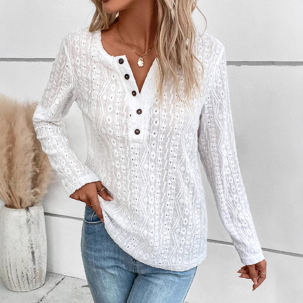 Casual Womens Long Sleeve Top Solid Color V Neck Hollow Out Design Perfect for Everyday Wear Wholesale Available