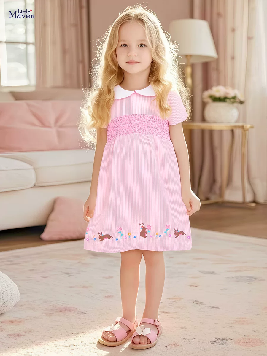 Girls' Dress, New Summer Kids' Dress, Woven Short-sleeve Girls' Dress