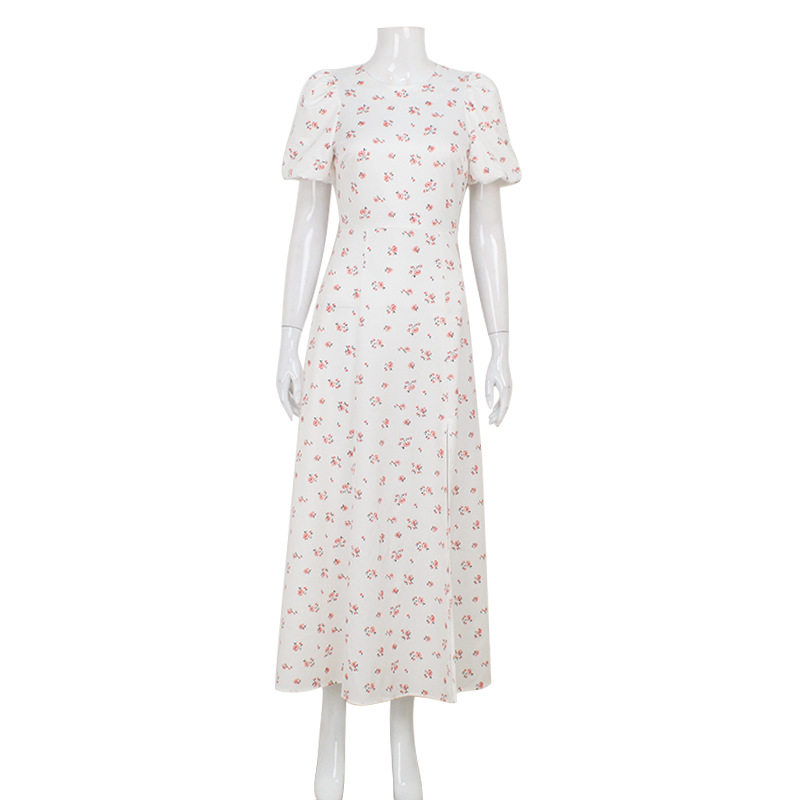 Floral Print Maxi Dress French Style Round Neck Puff Sleeves Backless High Slit Summer Casual Wear Wholesale