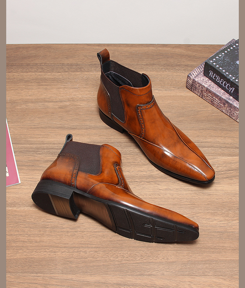 Giày Chelsea boot nam da bò mũi nhọn, cổ vừa, đế cao su — Màu đen, Màu vàng nâu