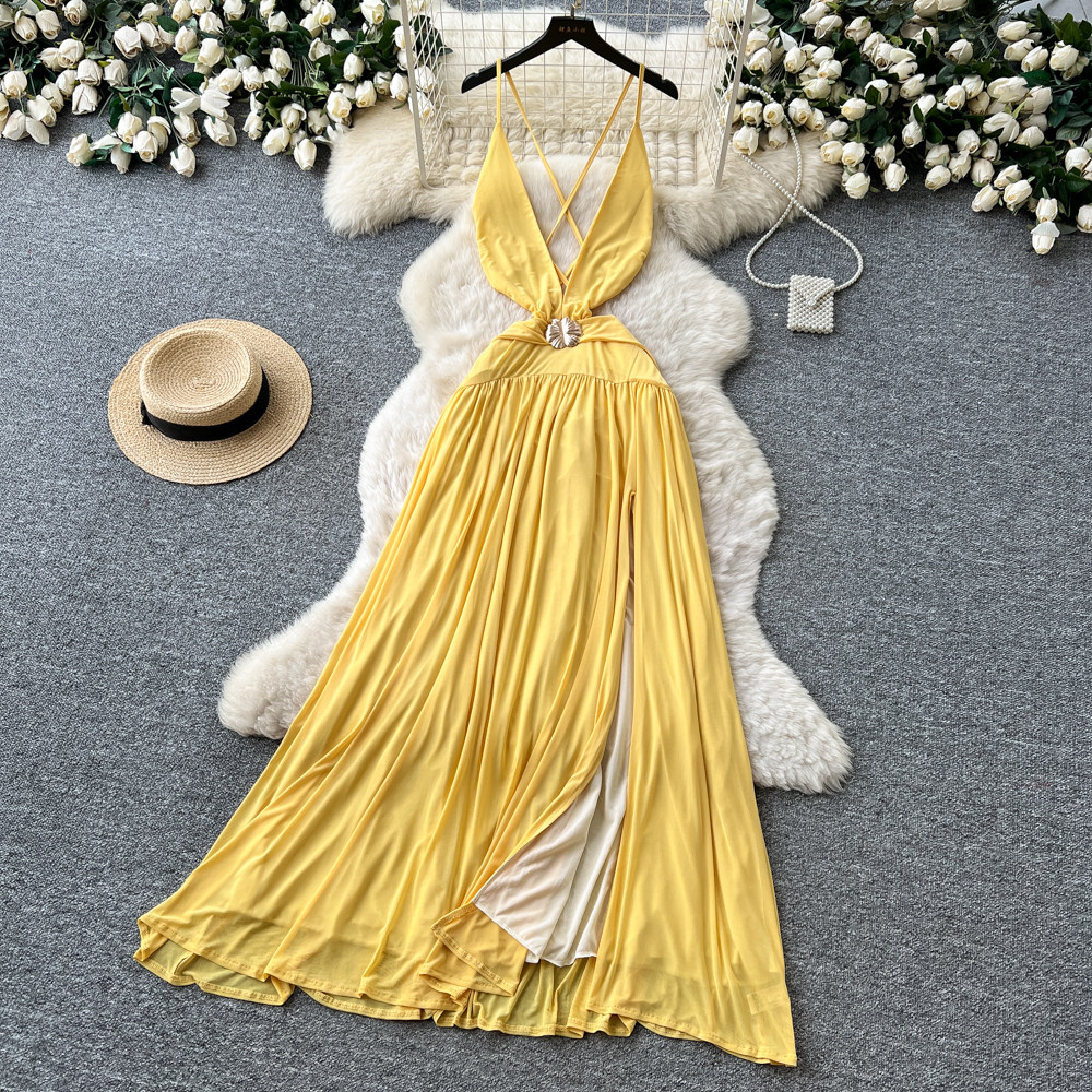 Yellow V Neck Halter Maxi Dress for Women Summer Vacation Style Slim Fit A Line Silhouette Beachwear Wholesale