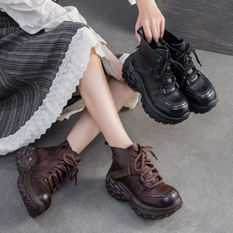 Giày Boot Cổ Thấp Nữ Chất Liệu Da Bò Tăng Chiều Cao Hàng Mùa Xuân Thu Đông