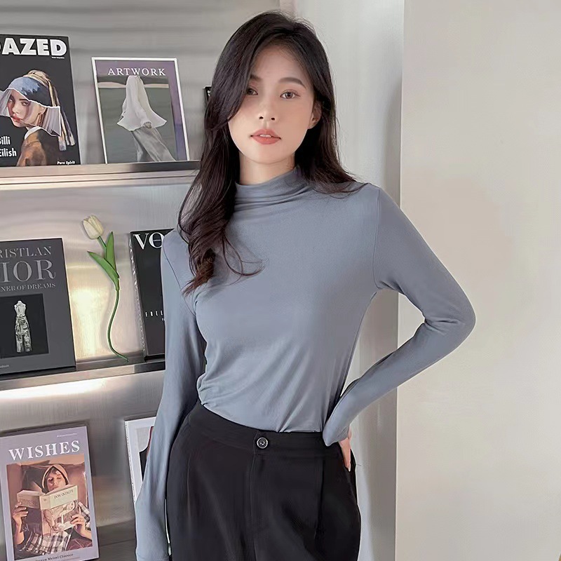 牛奶丝半高领打底衫女秋冬纯色内搭堆堆领修身长袖t恤面膜秋衣潮