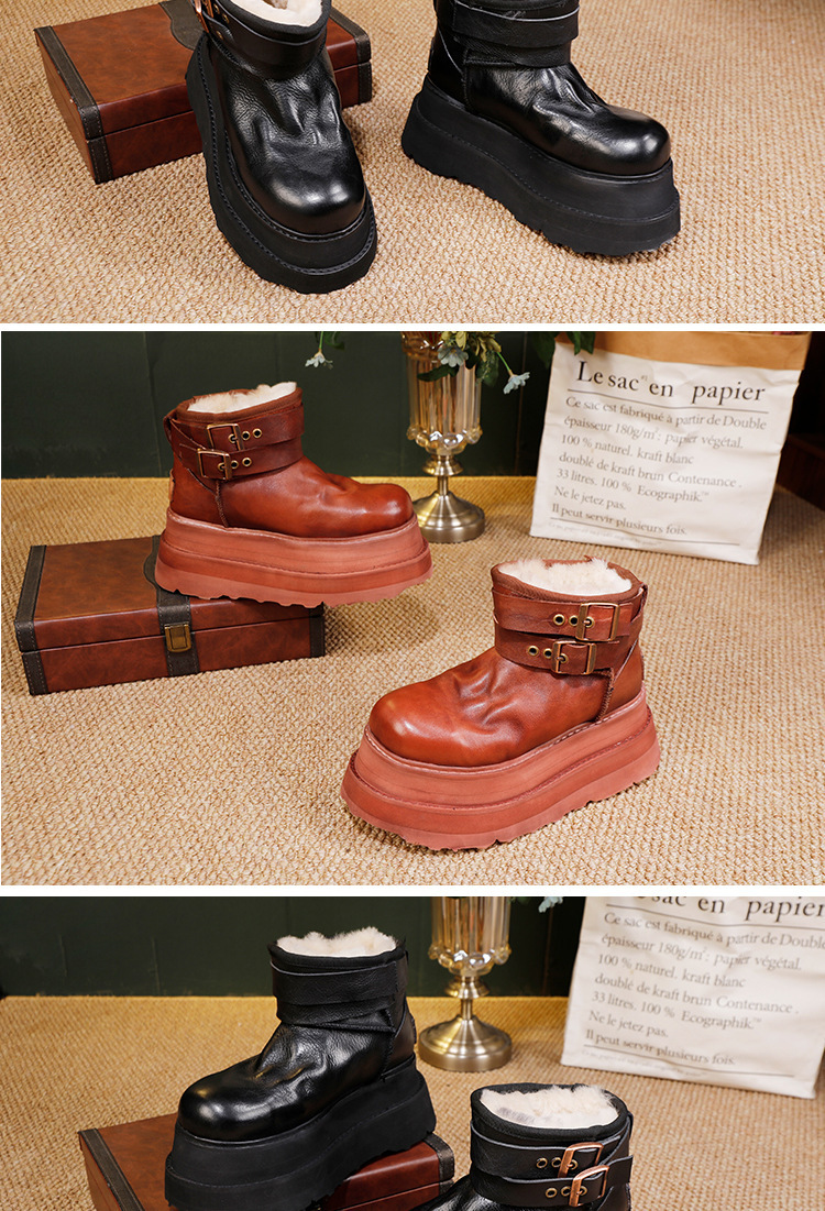 Boot lông cừu nữ cổ cao đế dày giữ ấm mùa đông — màu đen, nâu