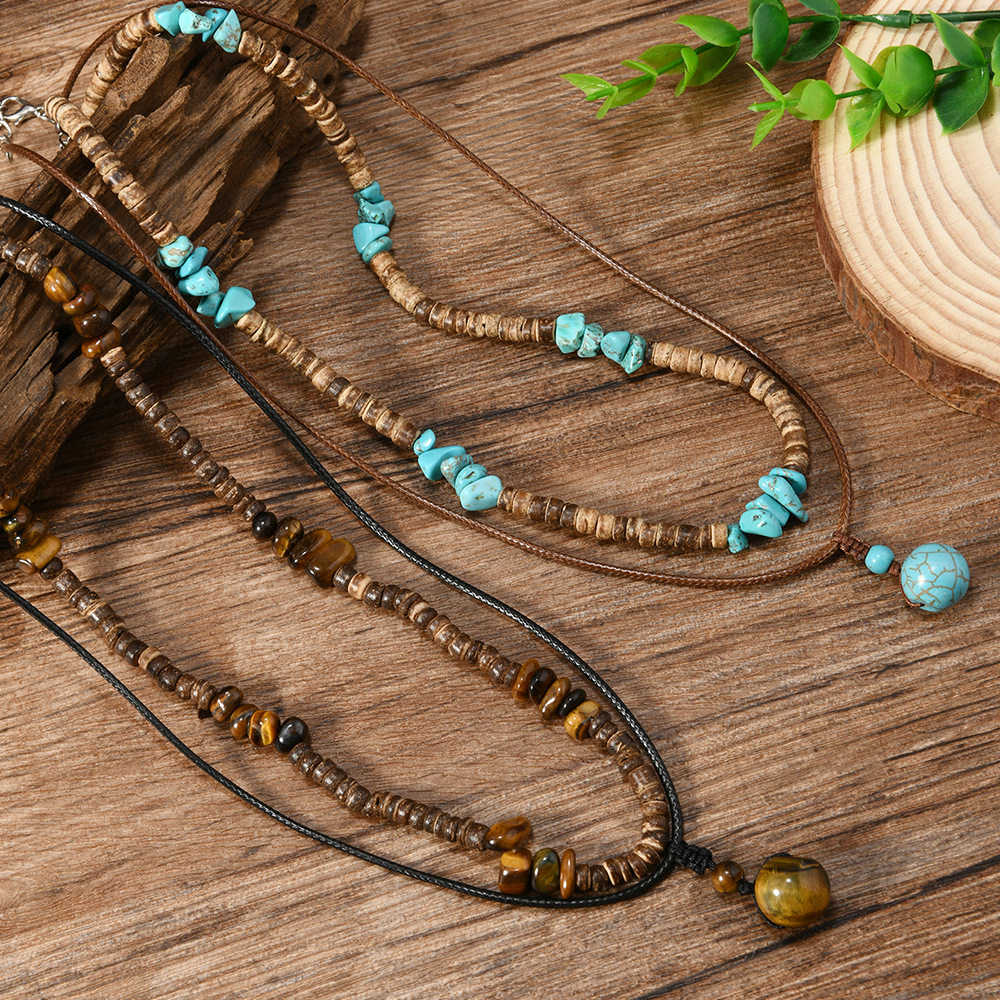 European and American Fashion Coconut Shell Turquoise Leather Wax Necklace suit Men's Hip-Hop Niche Overlapped Woolen Chain Cross-Border Jewelry for Men