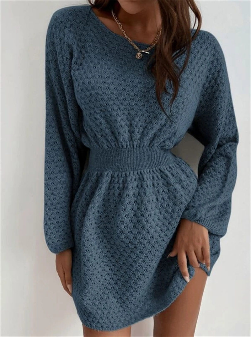 French Style Loose Fit Round Neck Knitted Dress Waist Defining Design Casual Wear for Fall Winter Wholesale Available