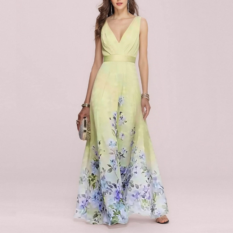 Elegant Floral V Neck Maxi Dress Summer Collection Waist Defined Comfortable Fabric Perfect for Casual or Formal