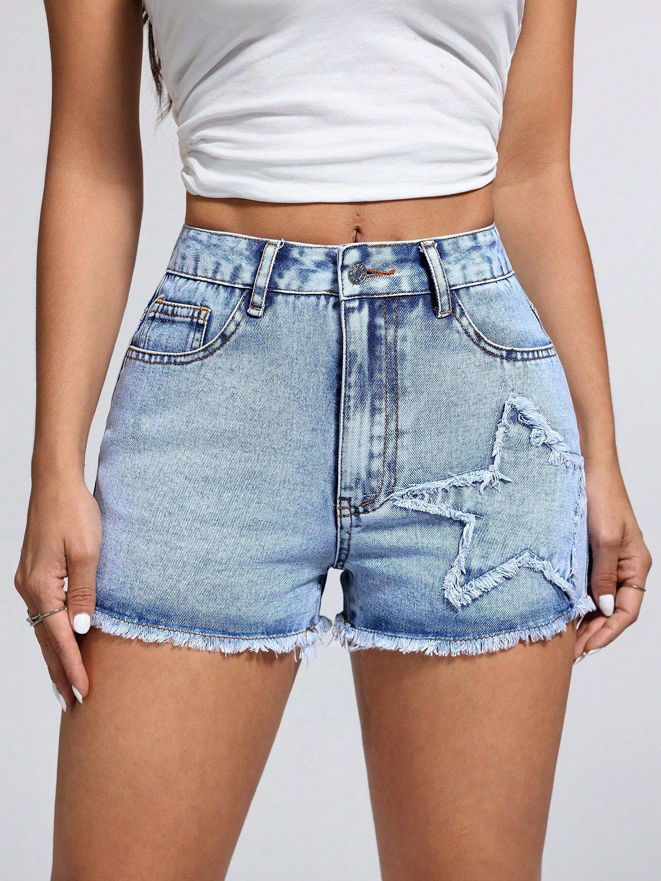Casual Womens Denim Shorts Star Print Frayed Hem Stylish Design Summer Wear Wholesale Available