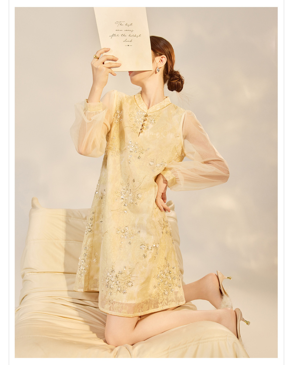 Đầm nữ cổ đứng thêu hoa dáng chữ A dài tay phong cách nghệ thuật — Vàng Champagne (giao hàng trong 7 ngày), Vàng Champagne (giao hàng trong ngày)