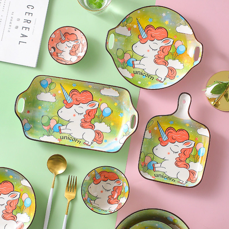 Unicorn ceramic bowl plate Japanese cartoon hand-painted tableware cute household children's rice noodle bowl dish plate suit