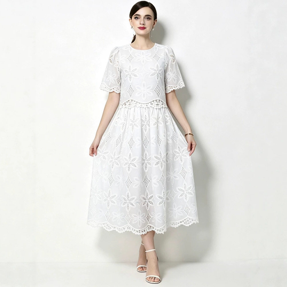 French Style Lace Hollow Short Sleeve Top with High Waist Slimming Skirt Set Elegant Soft Chic Perfect for Spring