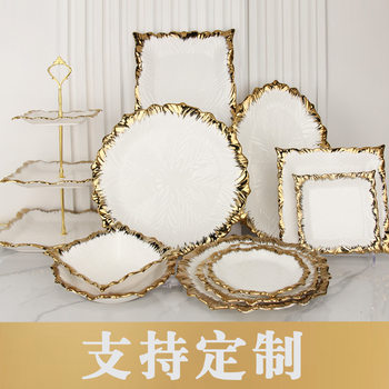 Light Luxury Hotel Ceramic Tableware suit Dinner Plate Advanced Sense Phnom Penh Sweep Gold Plate Steak Plate Bowl Plate Western Food Wholesale