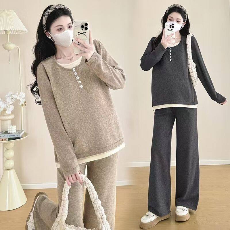 Maternity Wear 2025 New Autumn Fake Two-Piece Flesh-Covering Fashionable Casual Spring Autumn Winter Long-Sleeved Slimming Look Pants Suit