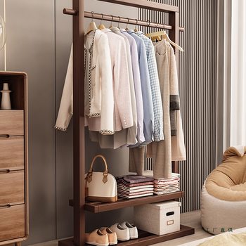 Solid Wood Floor-Standing Coat Rack for Bedroom, Simple Modern New Chinese Style Coat Rack for Living Room, Movable Storage Rack for Guesthouses